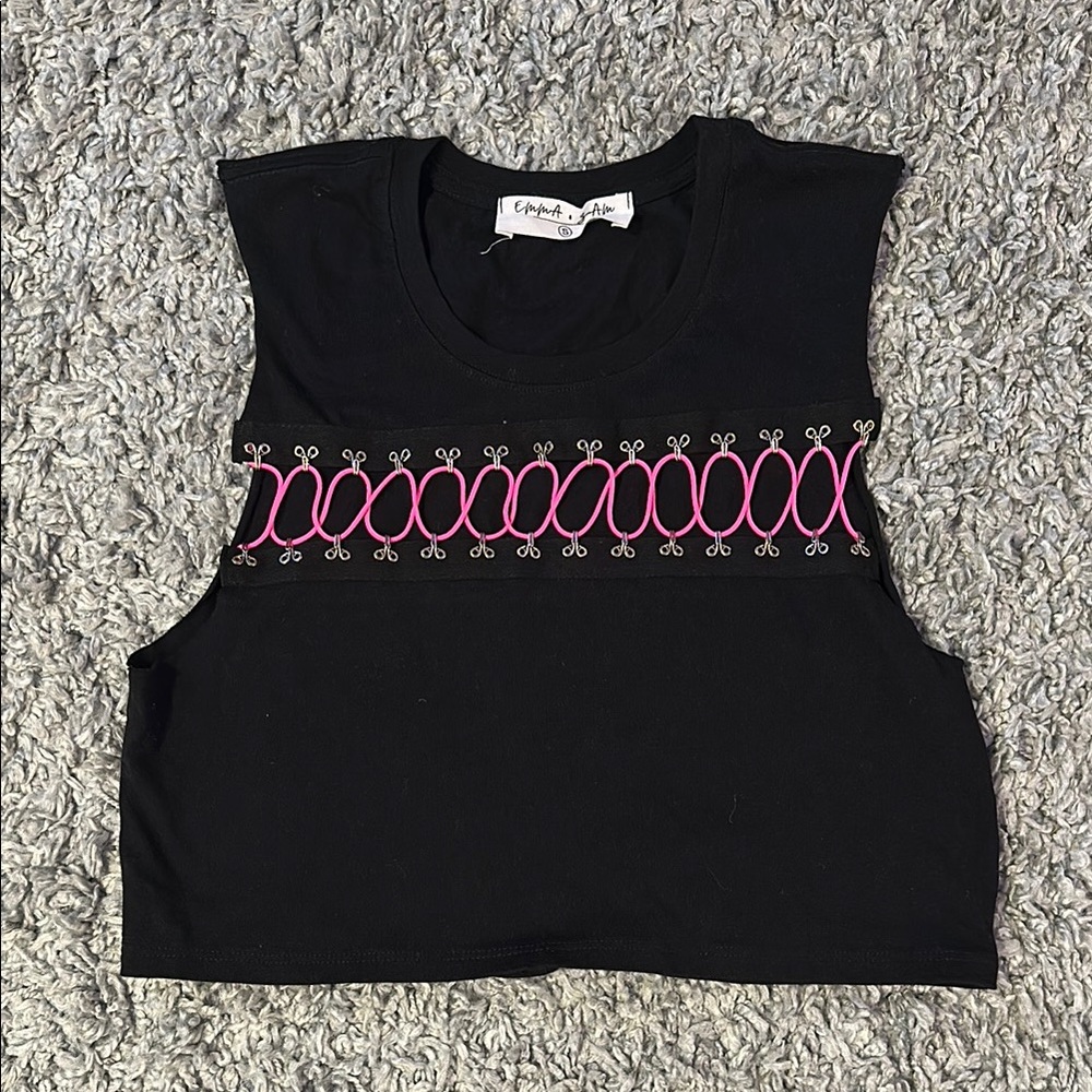 Black and Neon Pink Cord Tank